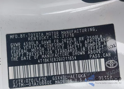 2016 Toyota Avalon Xle Plus from USA, damaged, VIN 4T1BK1EB2GU211654